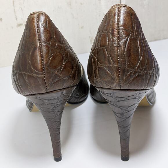 Lumiani 6 dark brown embossed animal print leather peep toe high heels Brazil - Picture 3 of 6